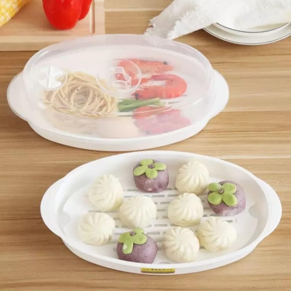 Large Steamed Fish Plate with Hair Steamer Basket Set - Microwave Safe, White Cooking Pot for Dumplings and Fish