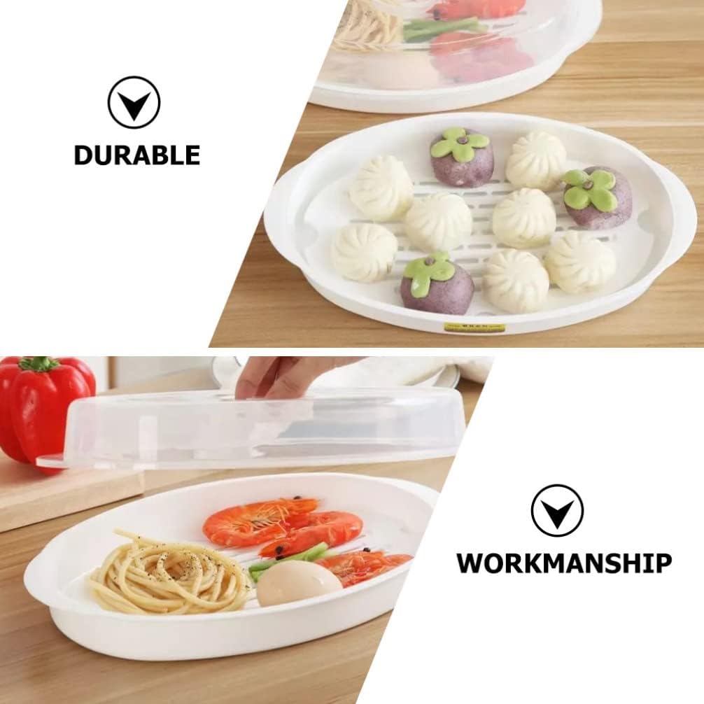 Large Steamed Fish Plate with Hair Steamer Basket Set - Microwave Safe, White Cooking Pot for Dumplings and Fish