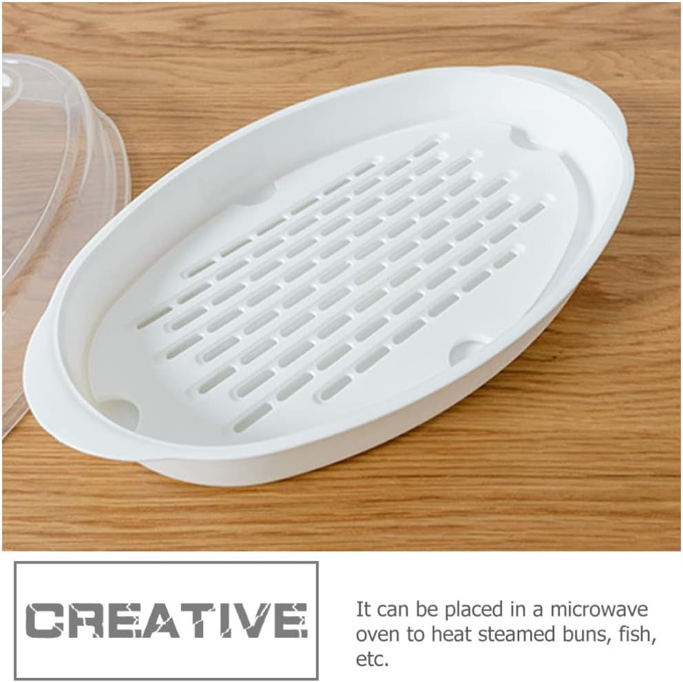 Large Steamed Fish Plate with Hair Steamer Basket Set - Microwave Safe, White Cooking Pot for Dumplings and Fish