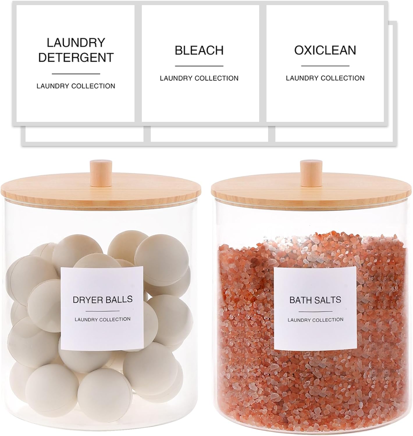 Laundry Room Organization Glass Jars Set with Labels and Bamboo Lid