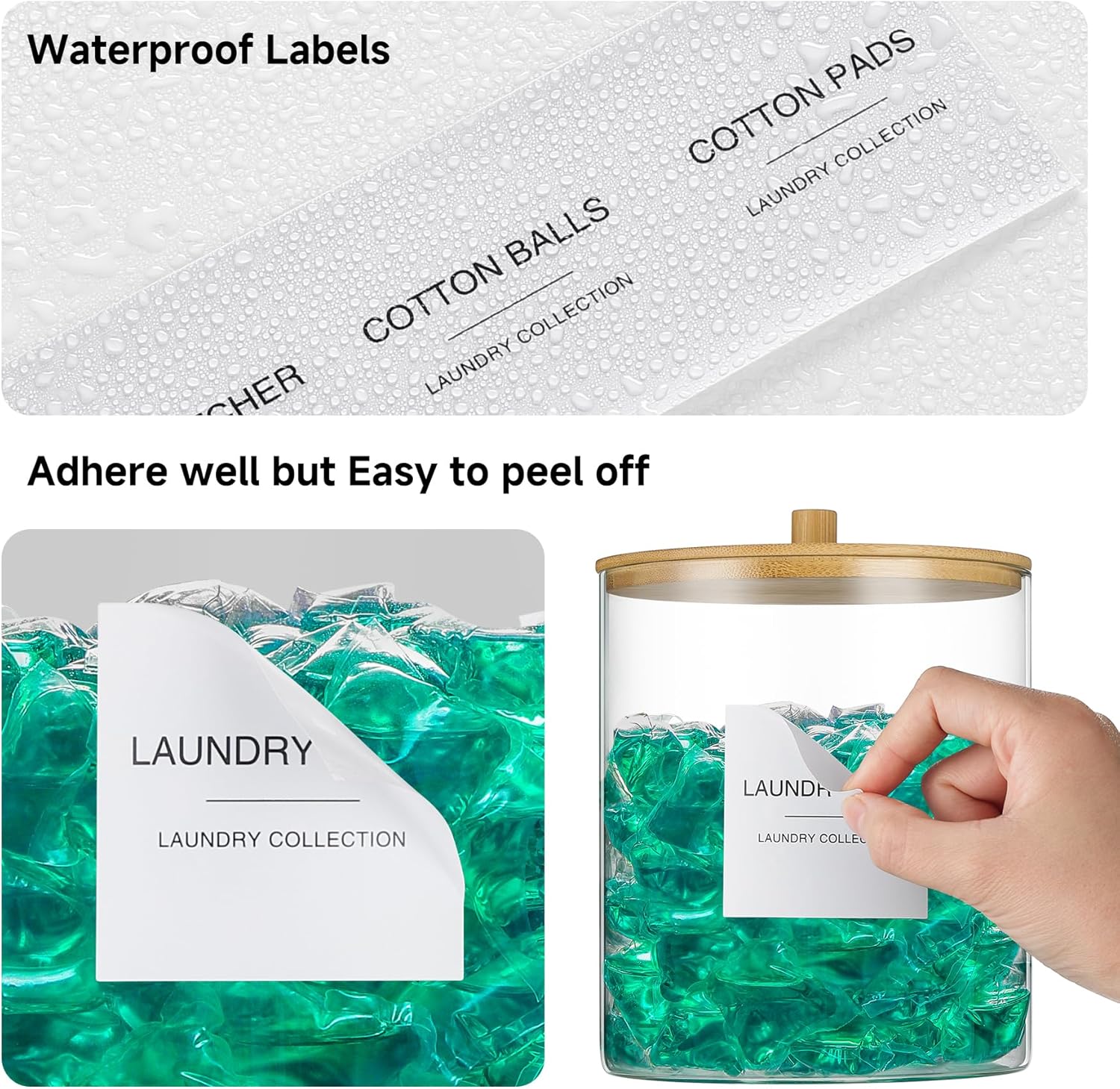 Laundry Room Organization Glass Jars Set with Labels and Bamboo Lid