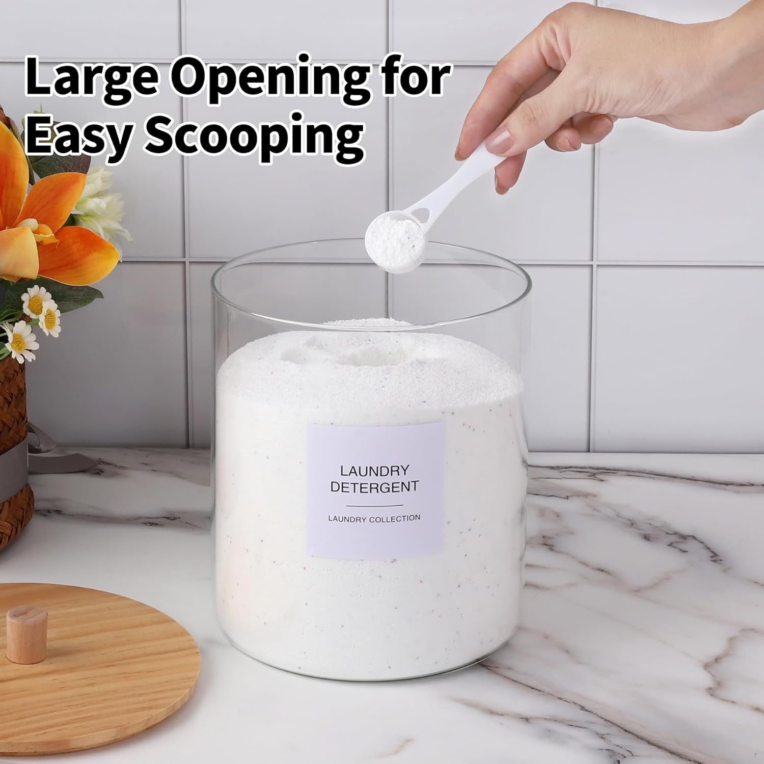 Laundry Room Organization Glass Jars Set with Labels and Bamboo Lid