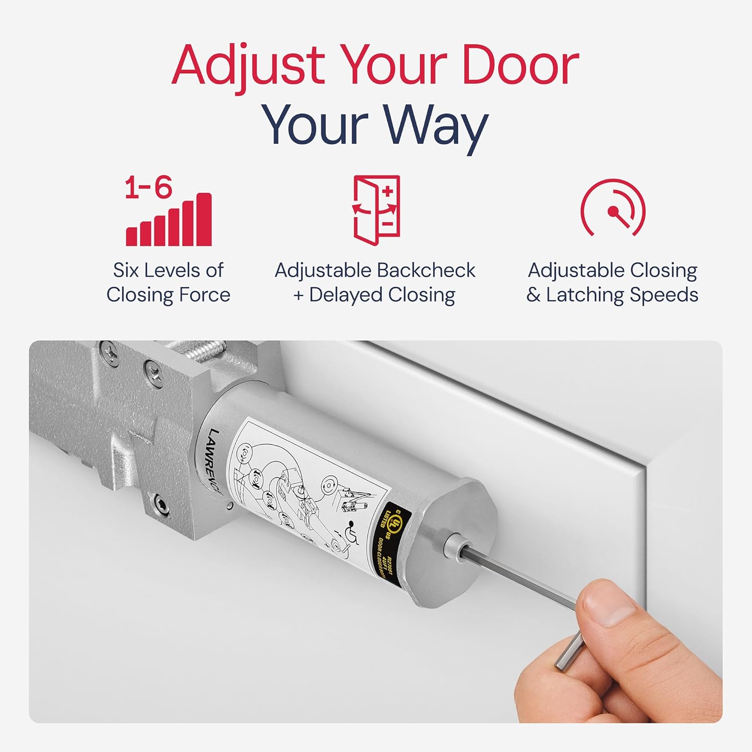 Lawrence Hardware LH8016 Commercial Grade 1 Extra Heavy Duty Door Closer with 6-Speed Delayed-Action Control and 3 Pistons - Easy Installation Included