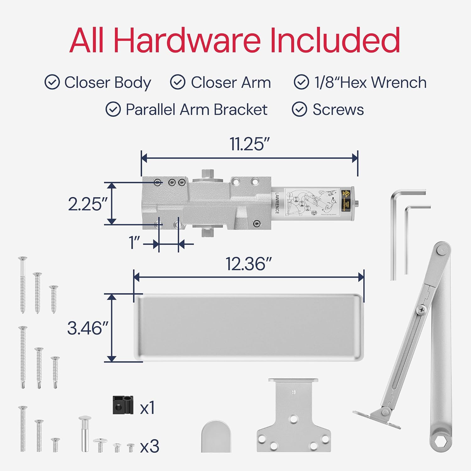 Lawrence Hardware LH8016 Commercial Grade 1 Extra Heavy Duty Door Closer with 6-Speed Delayed-Action Control and 3 Pistons - Easy Installation Included