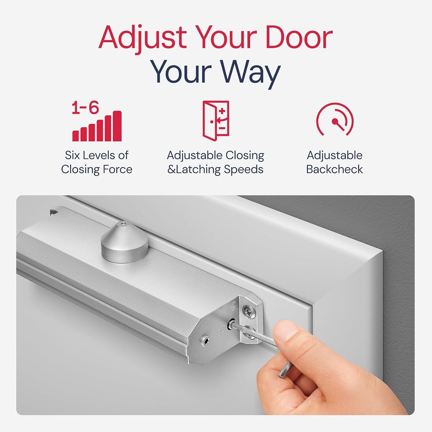 Lawrence LH5016 Aluminum Commercial Grade 1 Medium/Heavy Duty Surface-Mounted Door Closer with Adjustable 6-Speed Control and 3 Valves