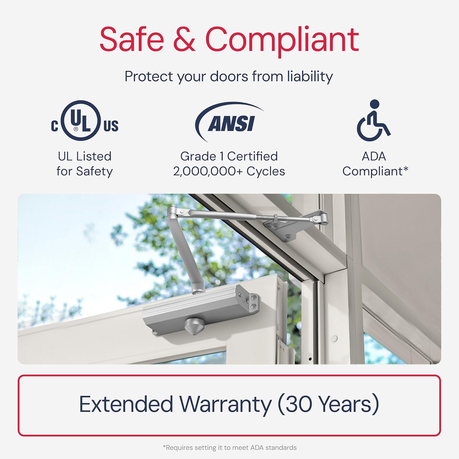 Lawrence LH5016 Aluminum Commercial Grade 1 Medium/Heavy Duty Surface-Mounted Door Closer with Adjustable 6-Speed Control and 3 Valves