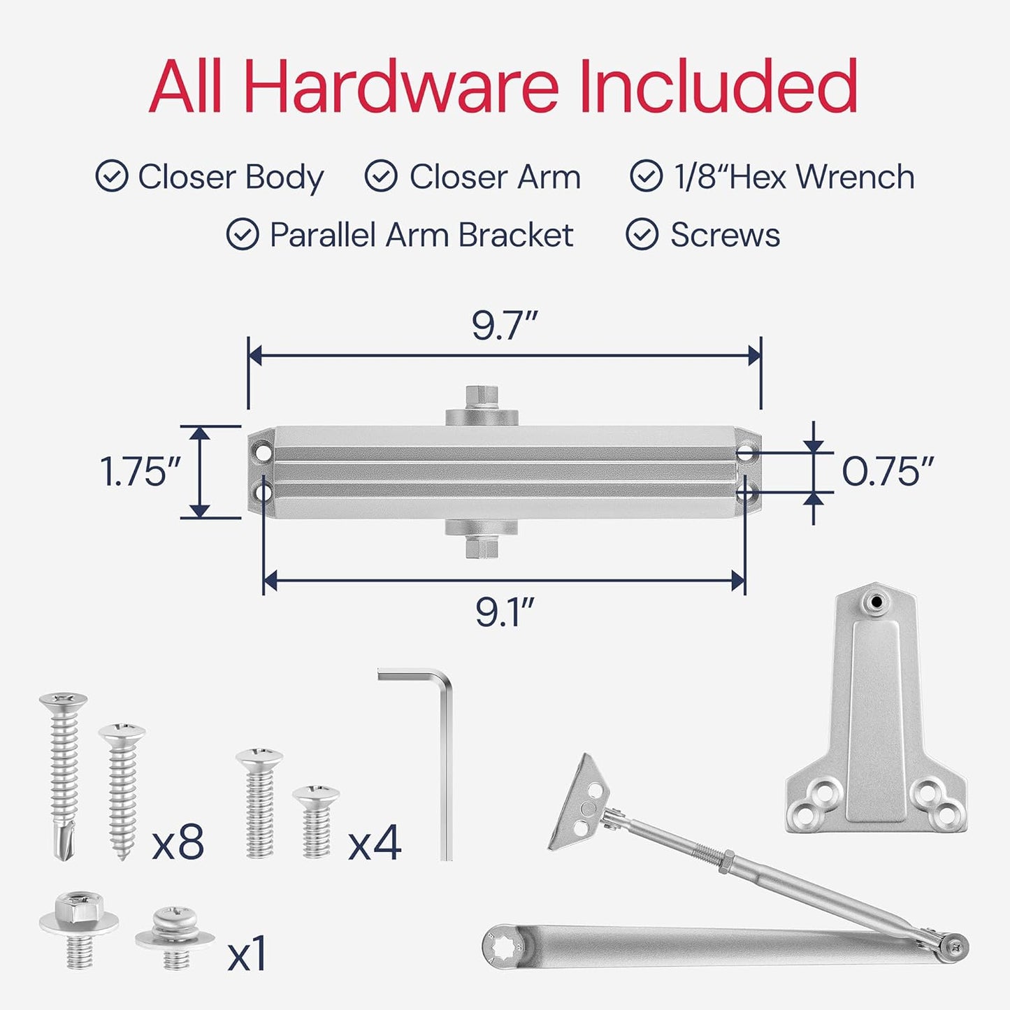Lawrence LH5016 Aluminum Commercial Grade 1 Medium/Heavy Duty Surface-Mounted Door Closer with Adjustable 6-Speed Control and 3 Valves