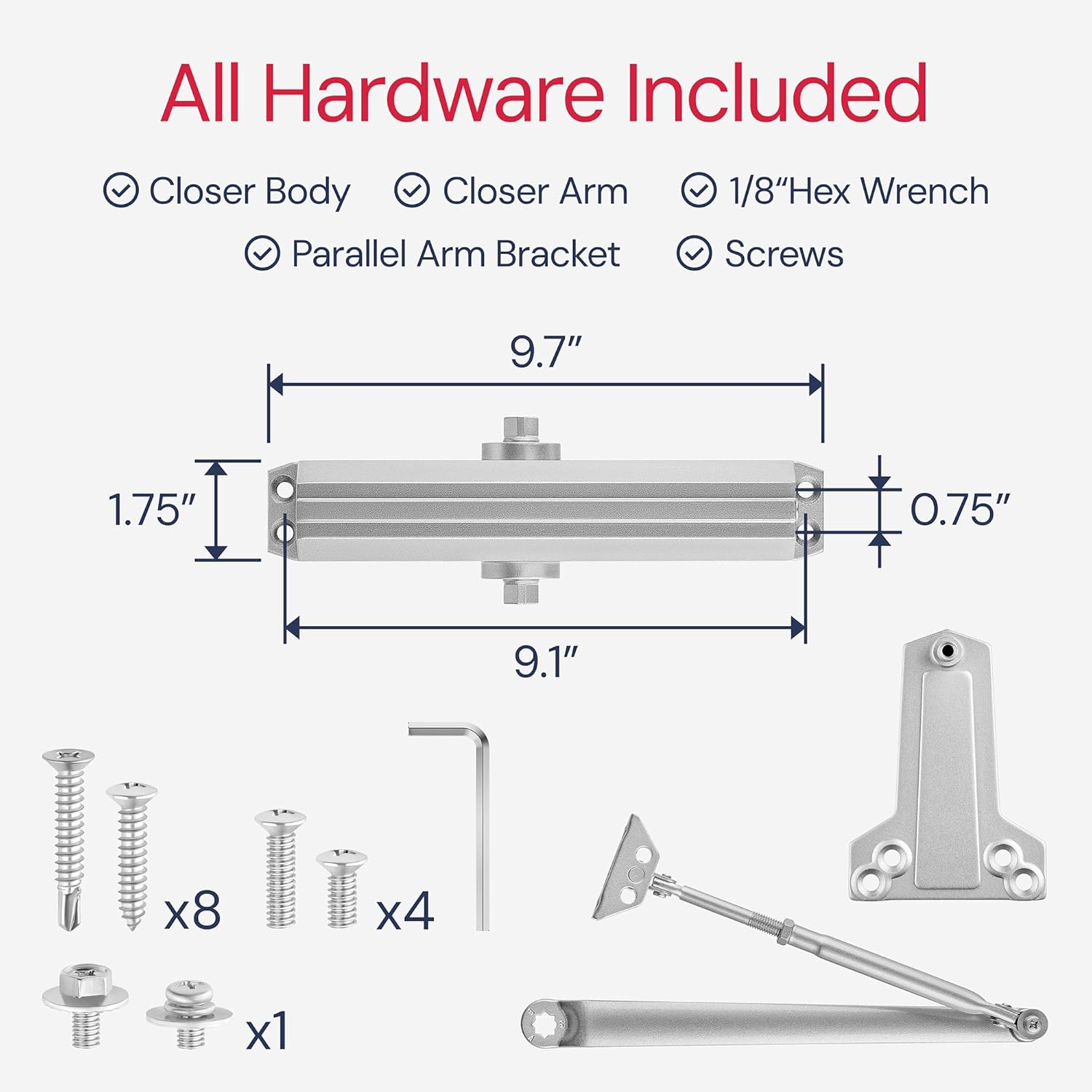 Lawrence LH5016 Aluminum Commercial Grade 1 Medium/Heavy Duty Surface-Mounted Door Closer with Adjustable 6-Speed Control and 3 Valves