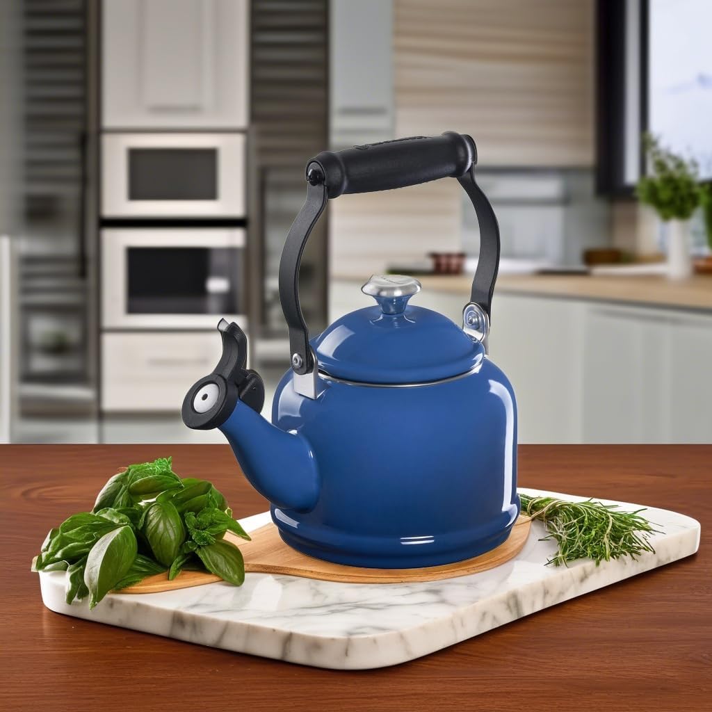 Le Creuset Marseille Tea Kettle - Enamel Coated Steel with Metal Accents, 1.25 qt
