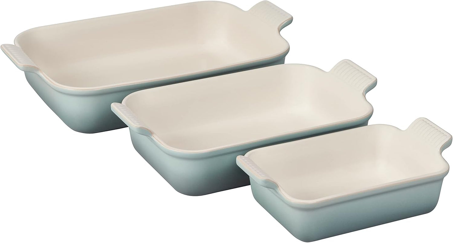 Le Creuset Stoneware Heritage Set with 3 Sea Salt Rectangular Dishes