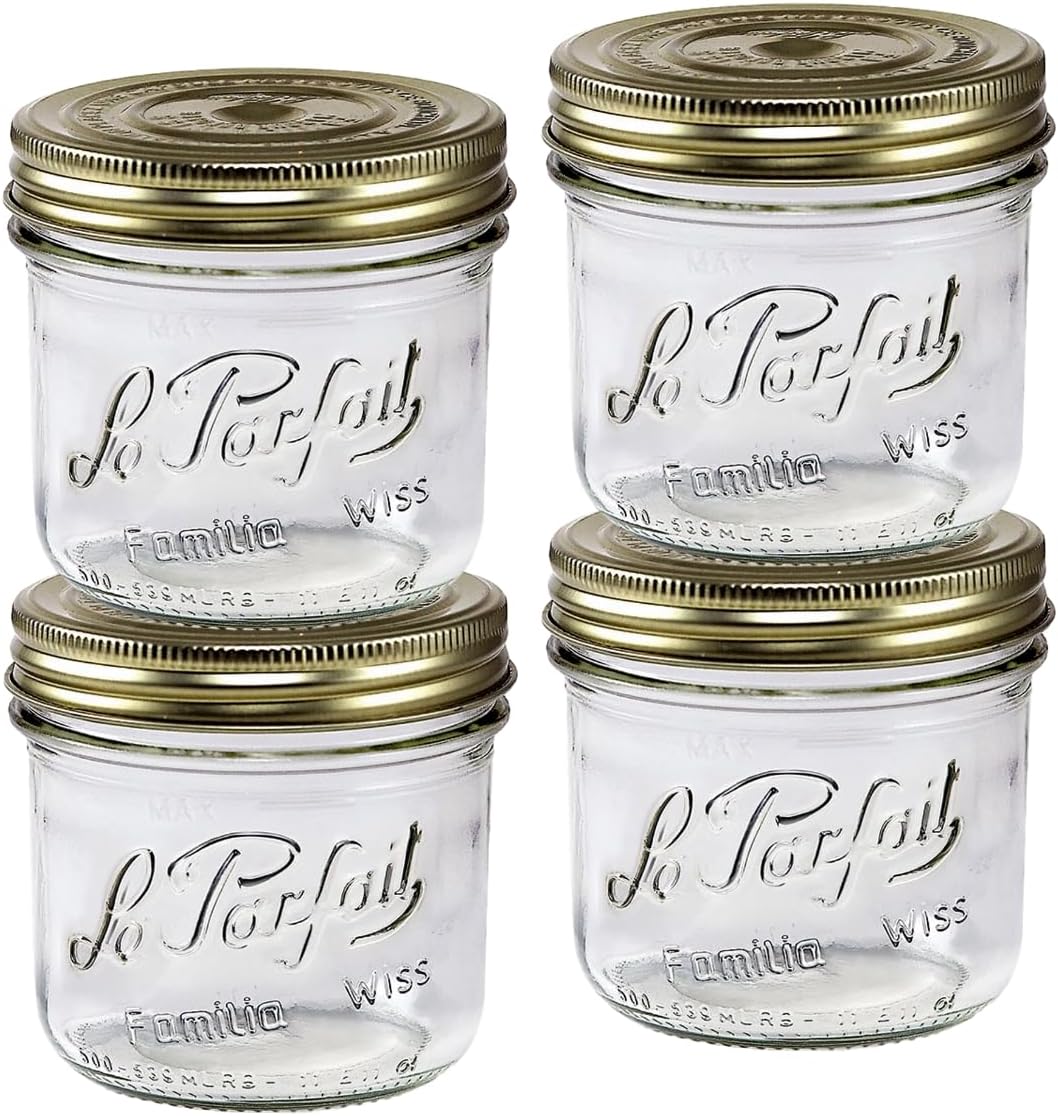 Le Parfait Familia Wiss Terrine Wide Mouth French Glass Jars - 16oz Pint, Set of 4 with Airtight Gold Lids for Canning and Food Storage