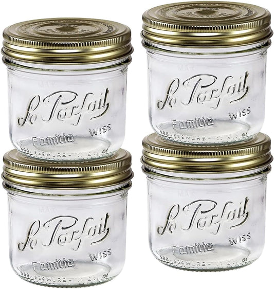 Le Parfait Familia Wiss Terrine Wide Mouth French Glass Jars - 16oz Pint, Set of 4 with Airtight Gold Lids for Canning and Food Storage