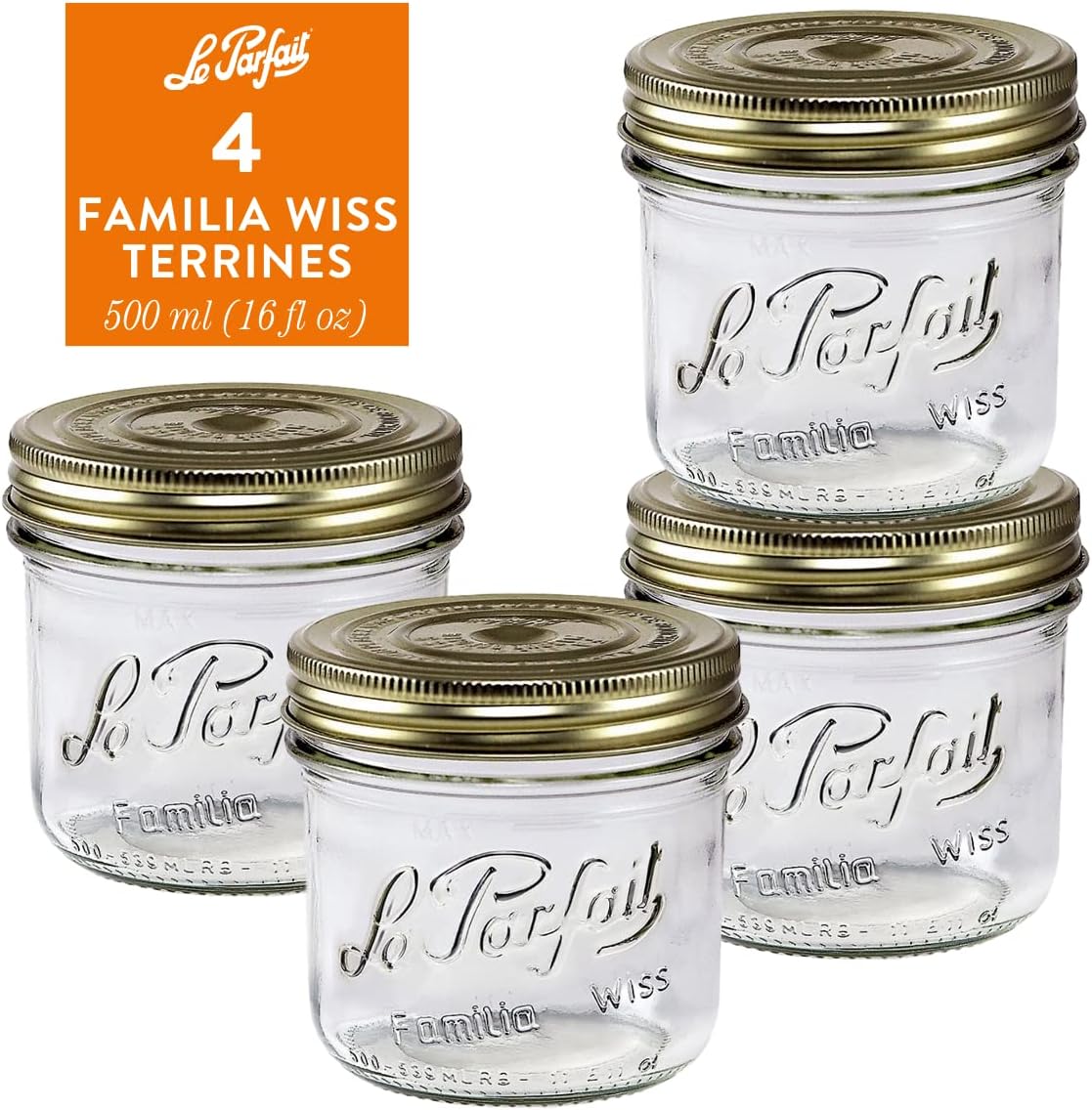 Le Parfait Familia Wiss Terrine Wide Mouth French Glass Jars - 16oz Pint, Set of 4 with Airtight Gold Lids for Canning and Food Storage