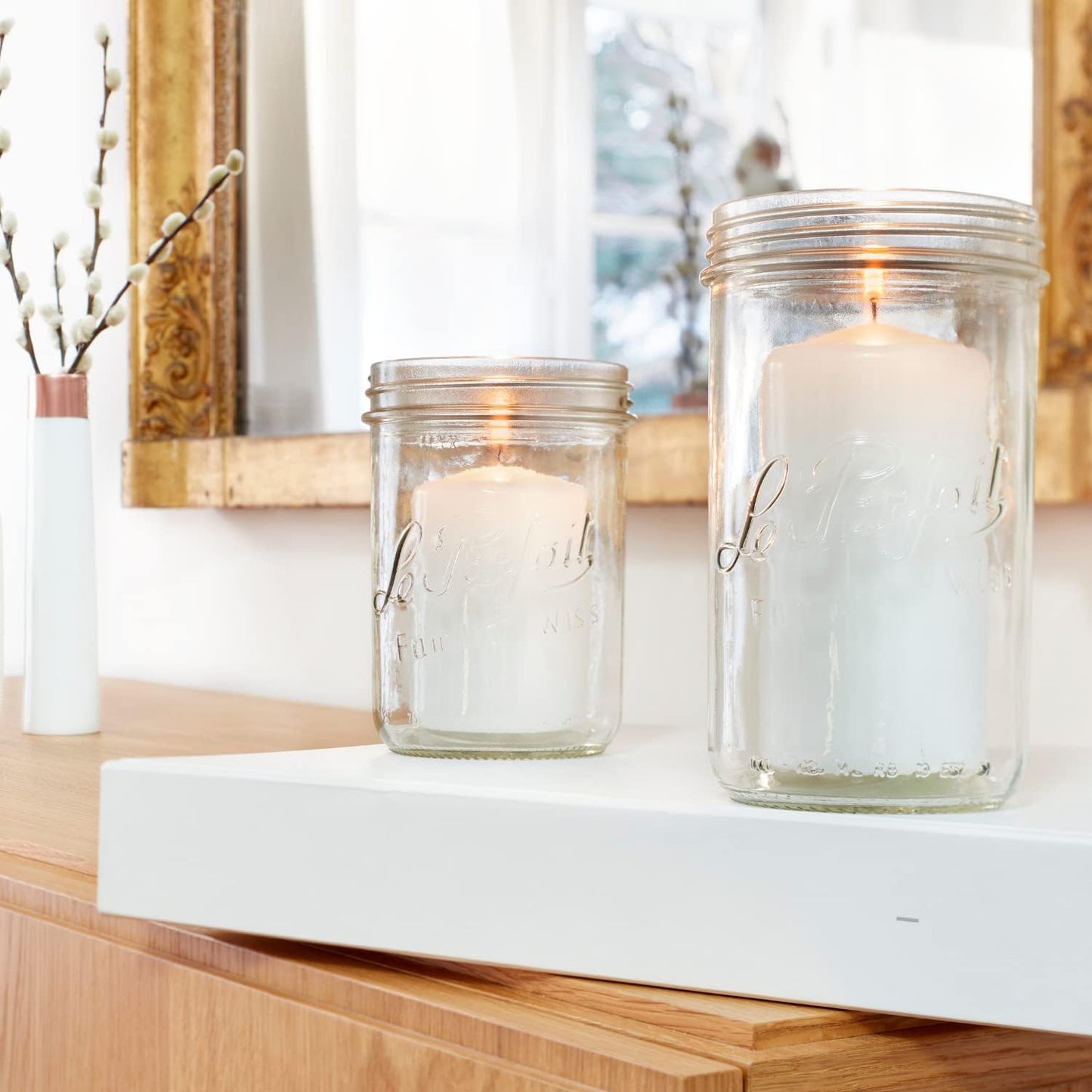 Le Parfait Familia Wiss Terrine Wide Mouth French Glass Jars - 16oz Pint, Set of 4 with Airtight Gold Lids for Canning and Food Storage