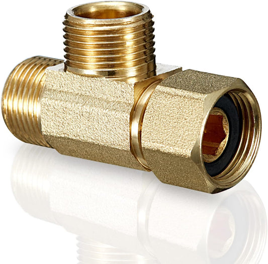 Lead-Free Brass Extender Tee Connector with Sealing Gasket for Faucet, Glass Rinser, Dishwasher, Toilet Tank - 3/8" Compression Inlet x 3/8" Outlet x 3/8" Outlet