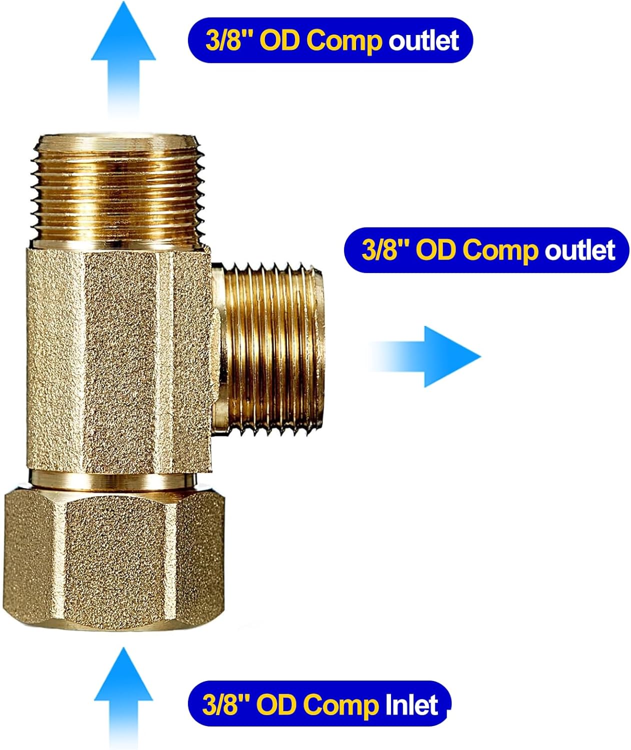 Lead-Free Brass Extender Tee Connector with Sealing Gasket for Faucet, Glass Rinser, Dishwasher, Toilet Tank - 3/8" Compression Inlet x 3/8" Outlet x 3/8" Outlet