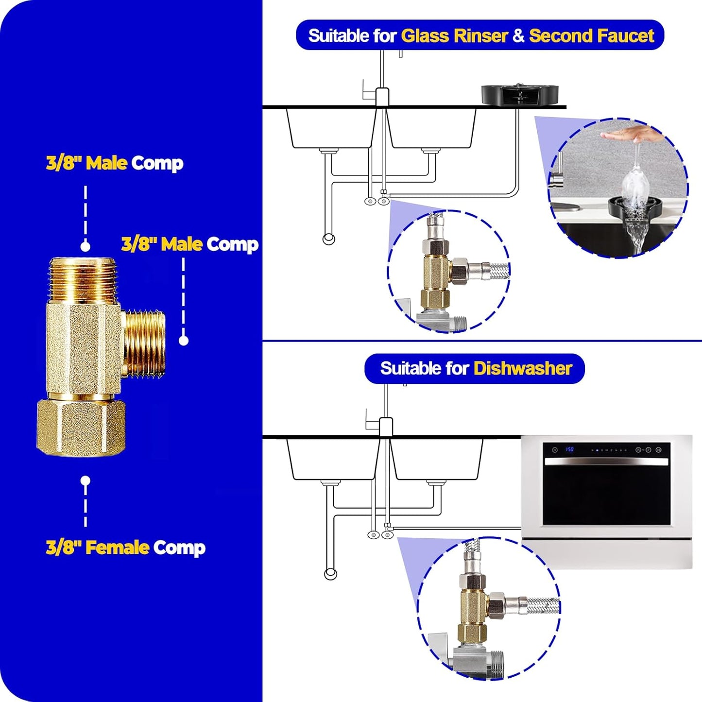 Lead-Free Brass Extender Tee Connector with Sealing Gasket for Faucet, Glass Rinser, Dishwasher, Toilet Tank - 3/8" Compression Inlet x 3/8" Outlet x 3/8" Outlet