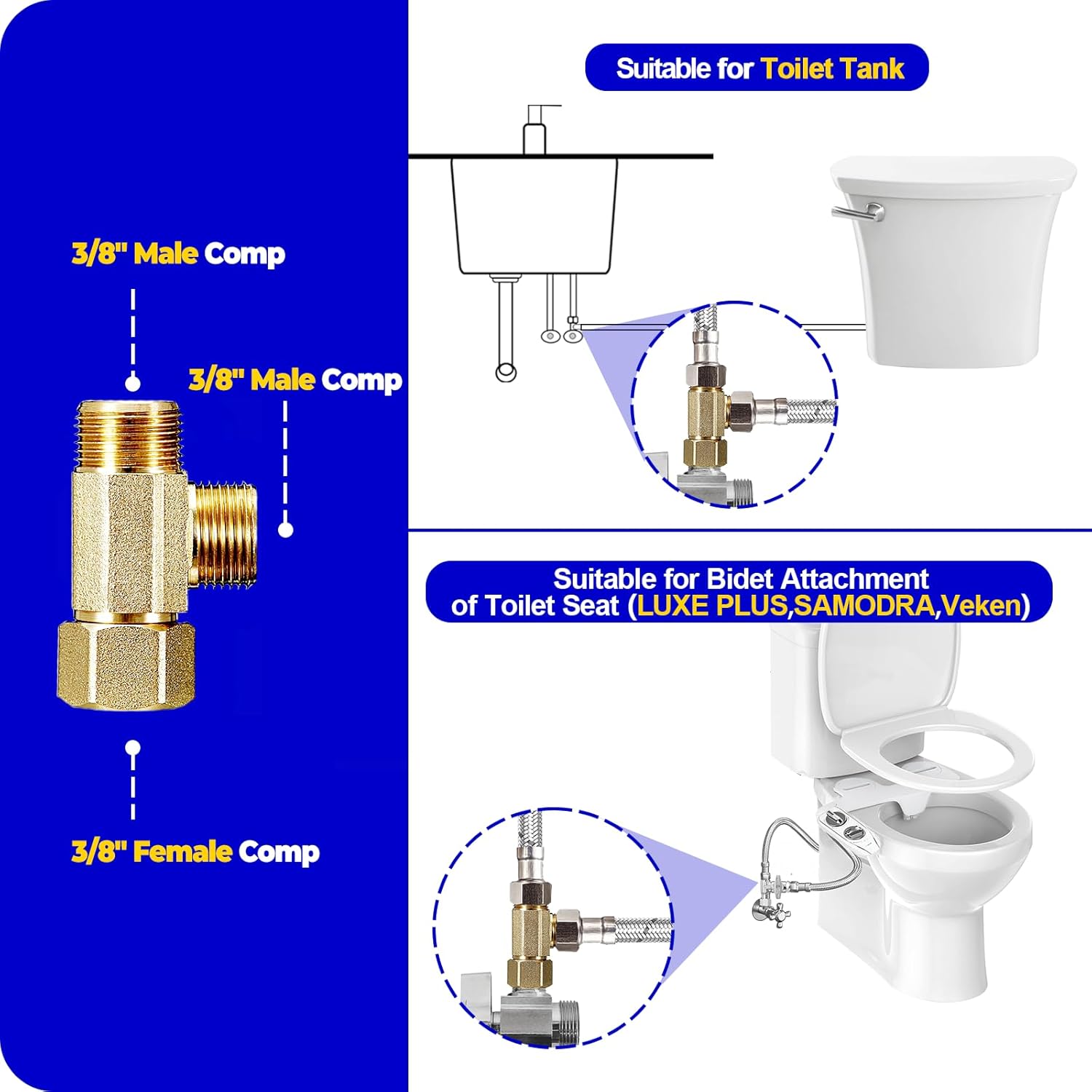Lead-Free Brass Extender Tee Connector with Sealing Gasket for Faucet, Glass Rinser, Dishwasher, Toilet Tank - 3/8" Compression Inlet x 3/8" Outlet x 3/8" Outlet