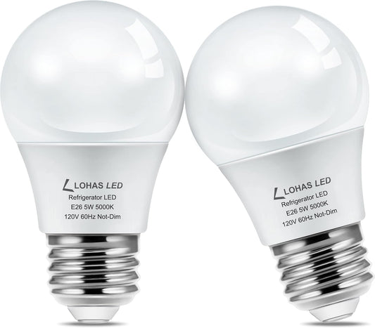 LED Refrigerator Light Bulb 40W Equivalent Waterproof 120V A15 Fridge Bulbs 5W E26 Daylight White 5000K for Home Kitchen Lighting - Non-dimmable, Pack of 2