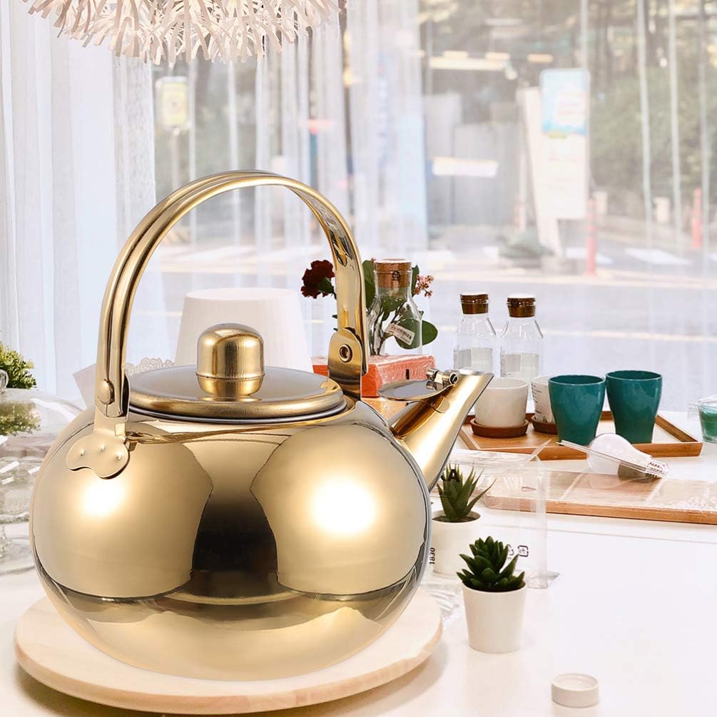LEIXIUSM Stainless Steel Turkish Coffee Maker Teapot with Removable Infuser - 2.0L Stovetop Whistling Kettle for Induction Cooktops - Golden Glass Tea Kettle