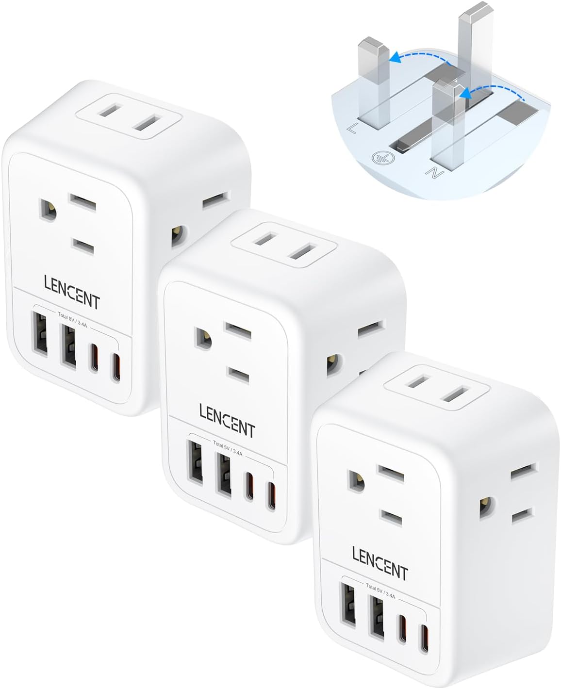 LENCENT 3 Pack Foldable Type G Ireland Travel Adapter with 4 Outlets and 4 USB(2 USB C) - USA to UK Plug Adapter for Use in Dubai, Kenya, Scotland, England, London, Hong Kong, and Ireland