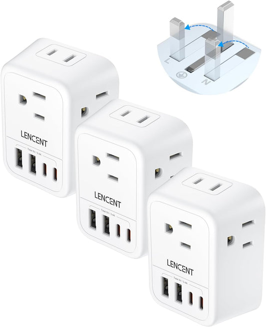 LENCENT 3 Pack Foldable Type G Ireland Travel Adapter with 4 Outlets and 4 USB(2 USB C) - USA to UK Plug Adapter for Use in Dubai, Kenya, Scotland, England, London, Hong Kong, and Ireland