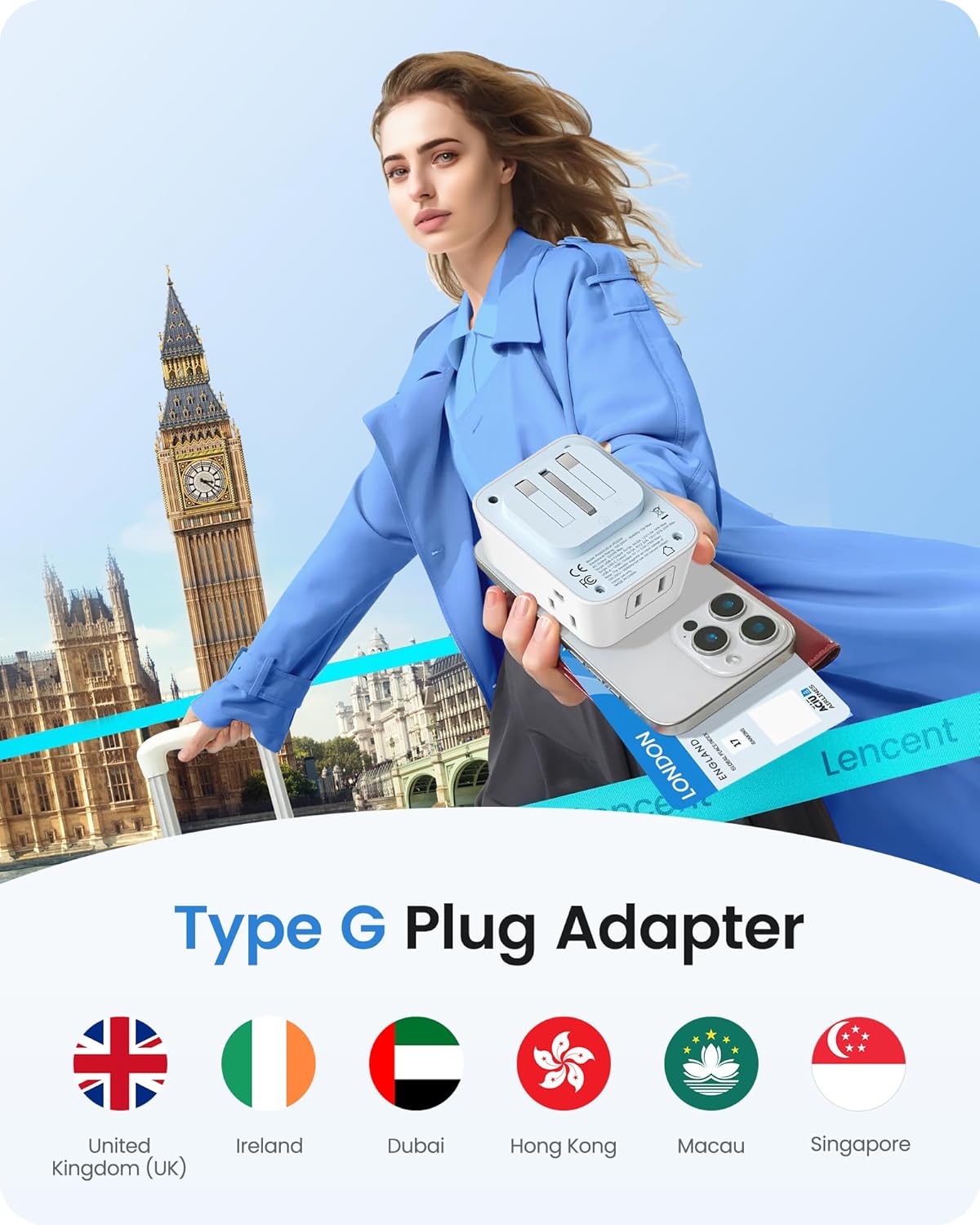 LENCENT 3 Pack Foldable Type G Ireland Travel Adapter with 4 Outlets and 4 USB(2 USB C) - USA to UK Plug Adapter for Use in Dubai, Kenya, Scotland, England, London, Hong Kong, and Ireland