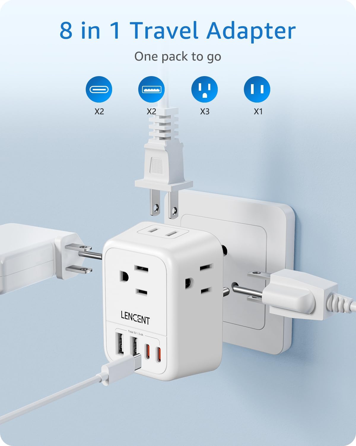LENCENT 3 Pack Foldable Type G Ireland Travel Adapter with 4 Outlets and 4 USB(2 USB C) - USA to UK Plug Adapter for Use in Dubai, Kenya, Scotland, England, London, Hong Kong, and Ireland