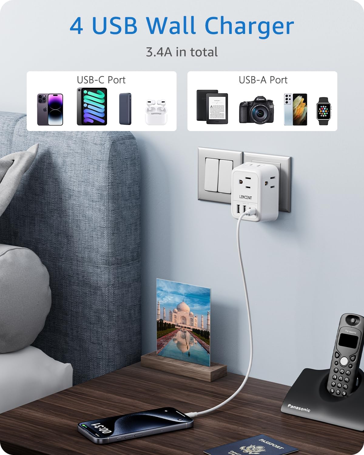 LENCENT 3 Pack Foldable Type G Ireland Travel Adapter with 4 Outlets and 4 USB(2 USB C) - USA to UK Plug Adapter for Use in Dubai, Kenya, Scotland, England, London, Hong Kong, and Ireland