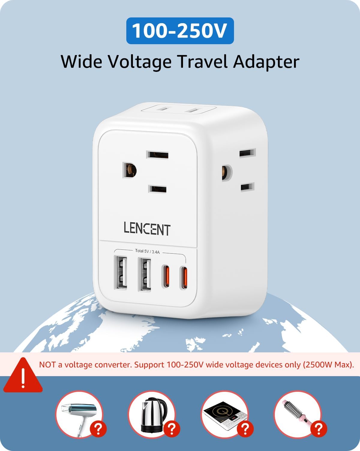 LENCENT 3 Pack Foldable Type G Ireland Travel Adapter with 4 Outlets and 4 USB(2 USB C) - USA to UK Plug Adapter for Use in Dubai, Kenya, Scotland, England, London, Hong Kong, and Ireland