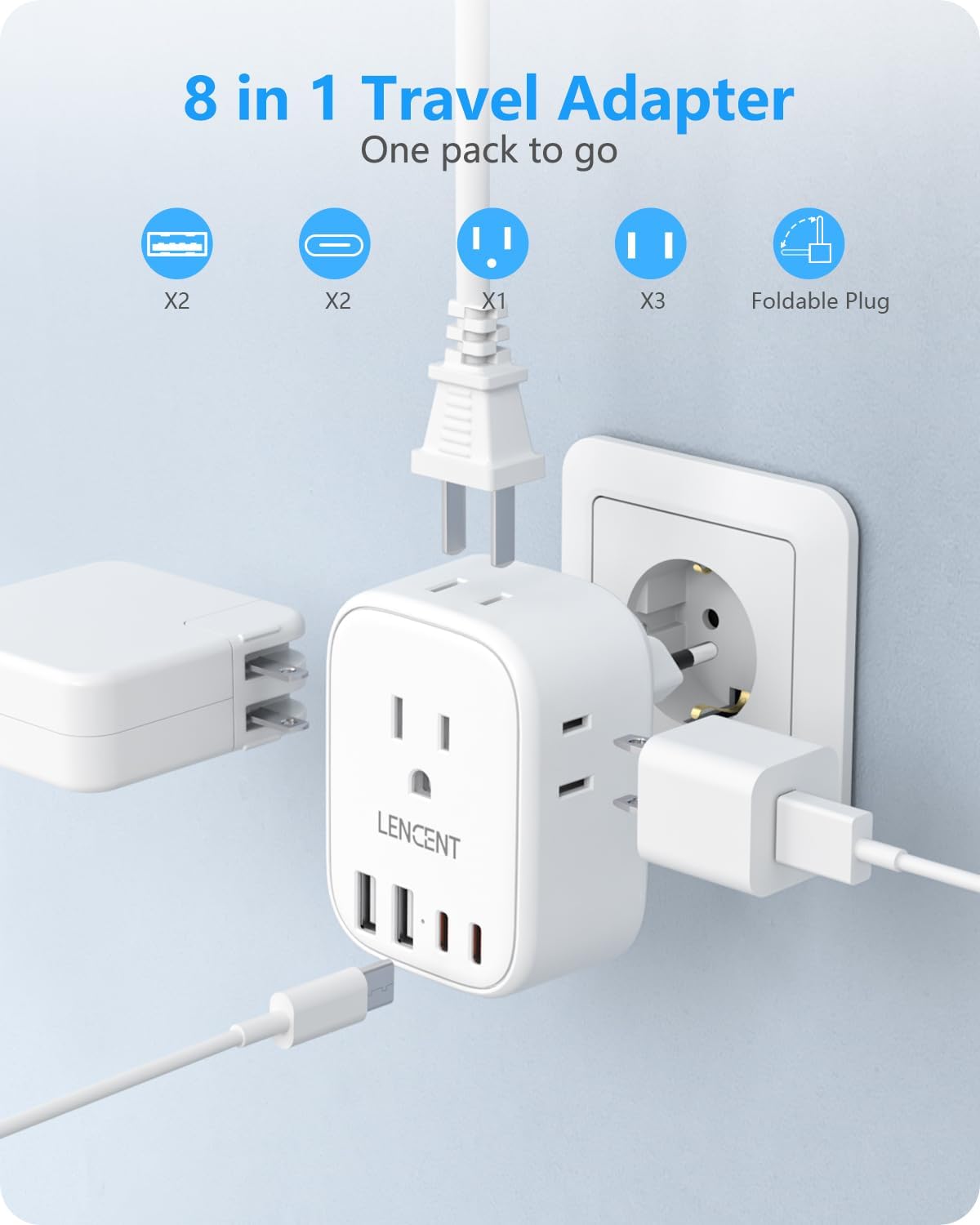 LENCENT European Travel Plug Adapter with 4 Outlets and USB C Charger - US to Europe, Cruise Ship Approved