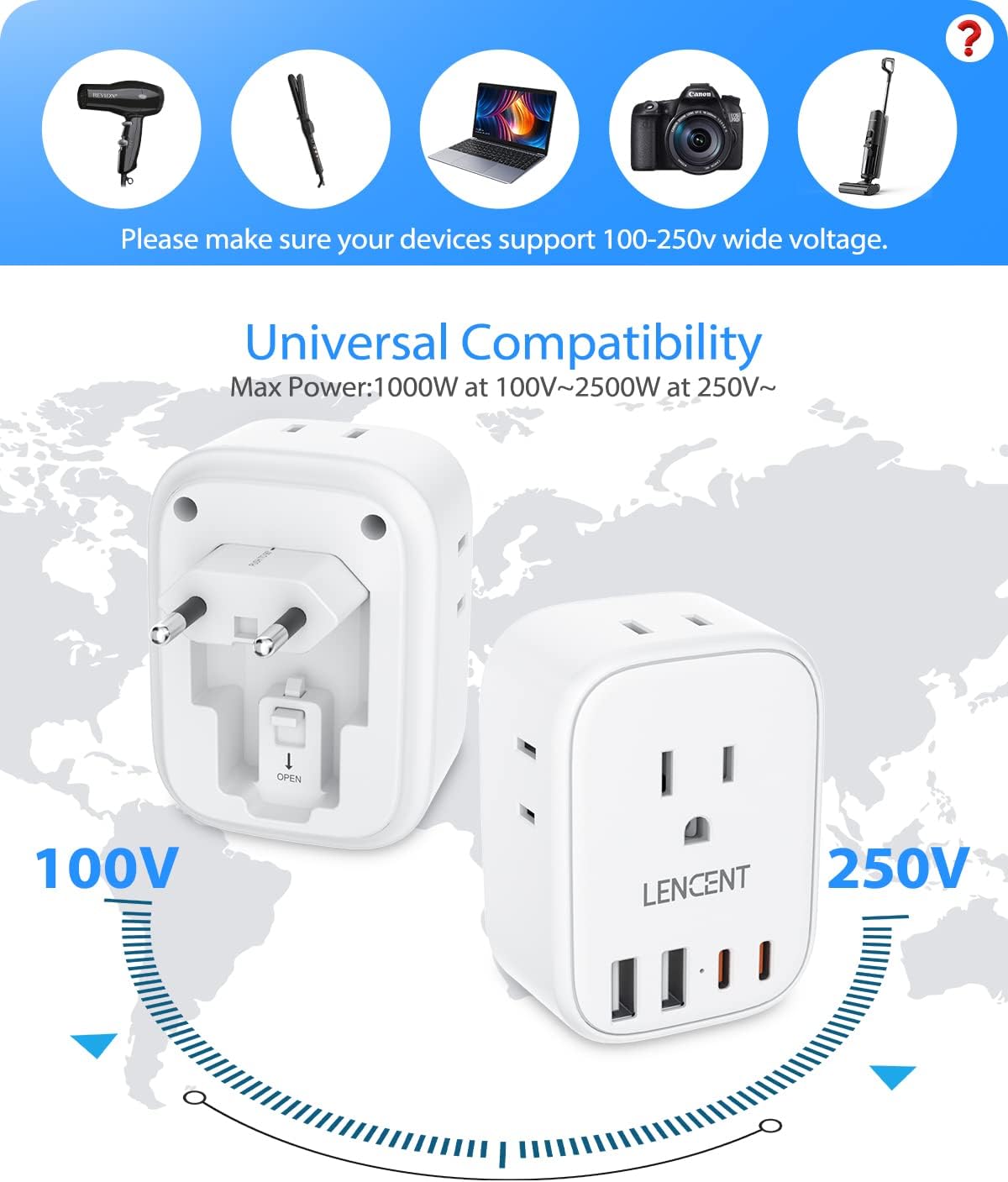 LENCENT European Travel Plug Adapter with 4 Outlets and USB C Charger - US to Europe, Cruise Ship Approved