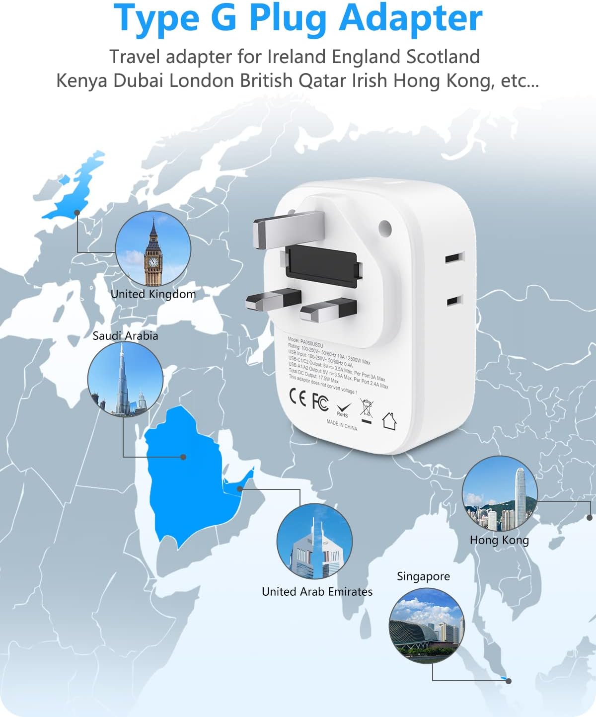 LENCENT Grounded Type G Outlet Adapter with 4 USB Charger - USA to UK Ireland Travel Plug Adapter