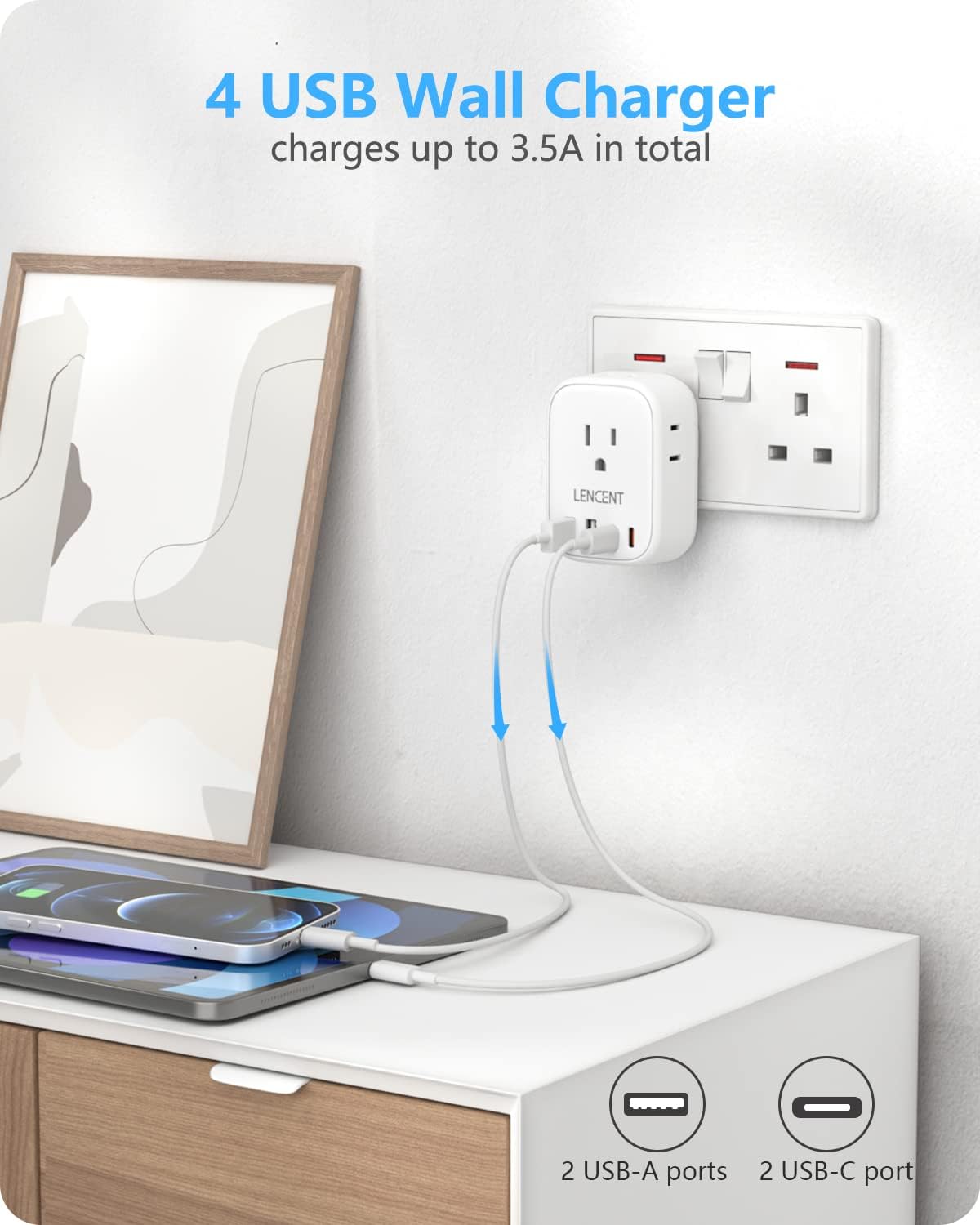 LENCENT Grounded Type G Outlet Adapter with 4 USB Charger - USA to UK Ireland Travel Plug Adapter