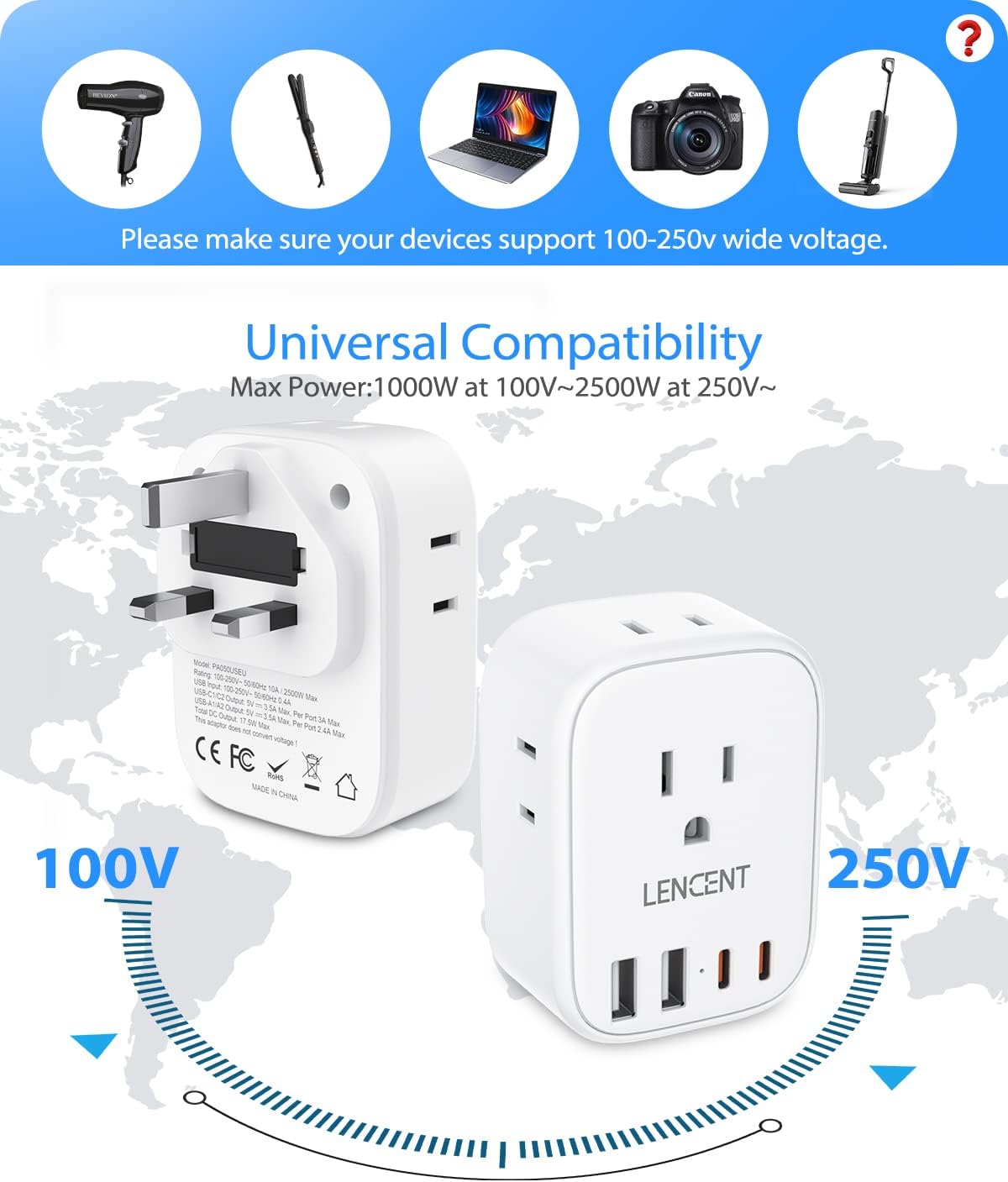 LENCENT Grounded Type G Outlet Adapter with 4 USB Charger - USA to UK Ireland Travel Plug Adapter