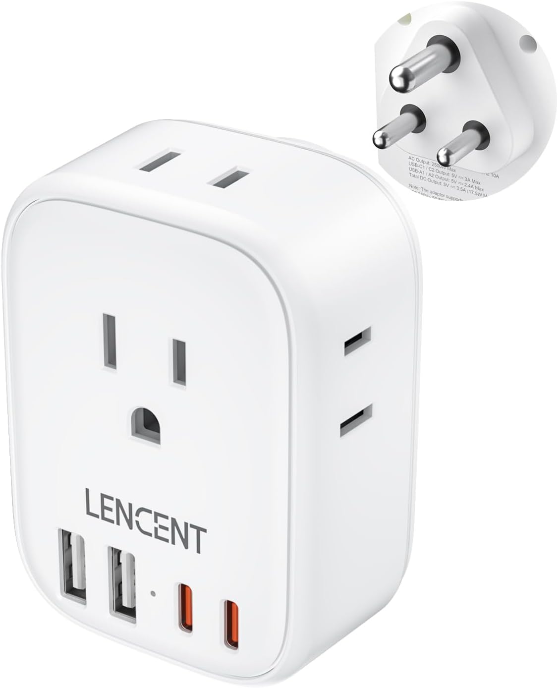 LENCENT US to India Power Plug Adapter with 4 Outlets and USB Chargers - Type D Plug Converter for USA to India, Nepal, Bangladesh, Maldives, and Pakistan