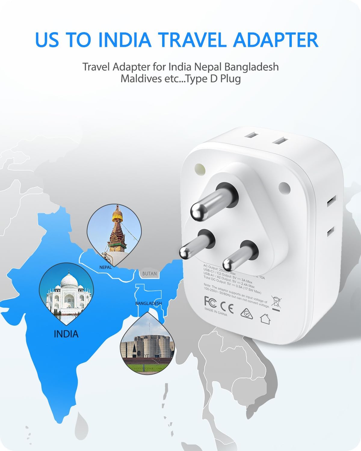 LENCENT US to India Power Plug Adapter with 4 Outlets and USB Chargers - Type D Plug Converter for USA to India, Nepal, Bangladesh, Maldives, and Pakistan