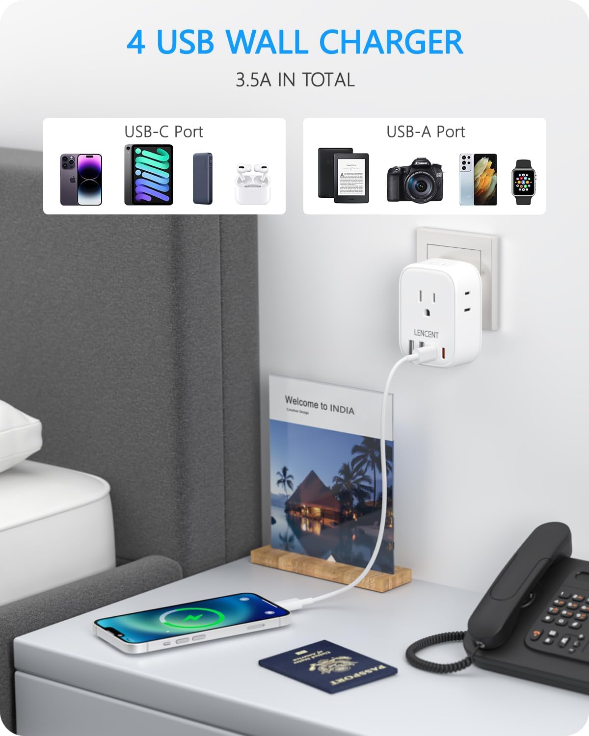 LENCENT US to India Power Plug Adapter with 4 Outlets and USB Chargers - Type D Plug Converter for USA to India, Nepal, Bangladesh, Maldives, and Pakistan