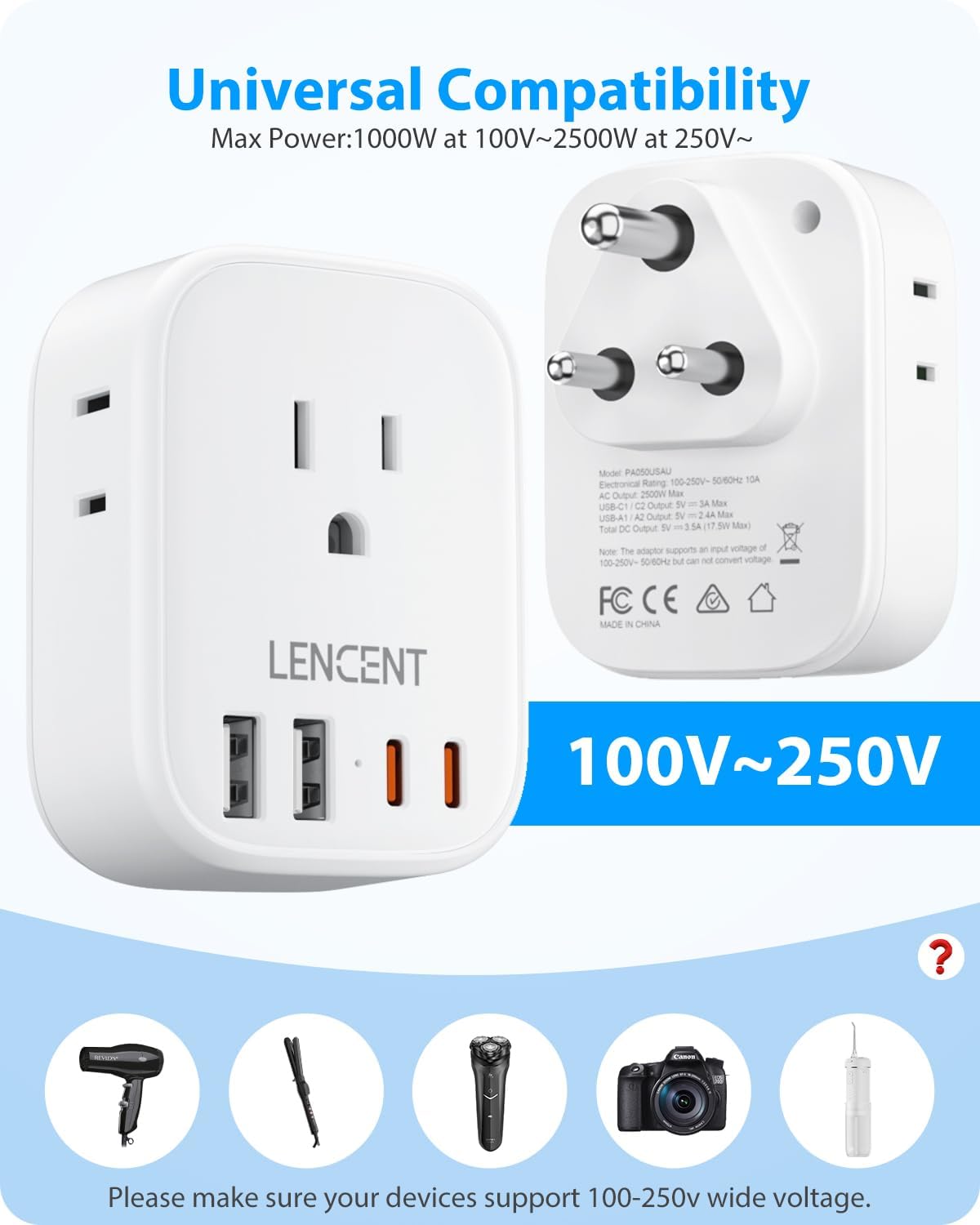 LENCENT US to India Power Plug Adapter with 4 Outlets and USB Chargers - Type D Plug Converter for USA to India, Nepal, Bangladesh, Maldives, and Pakistan