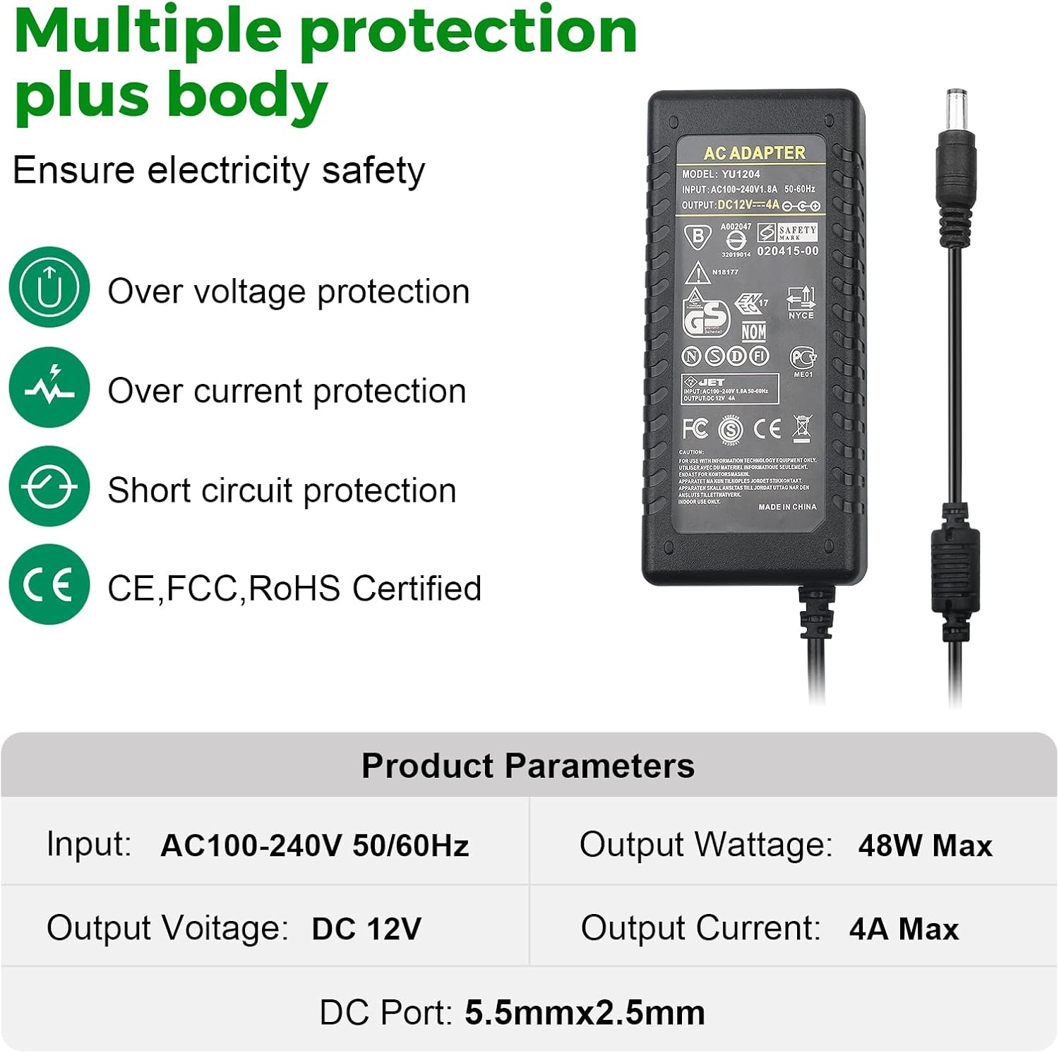 LeTaoXing 12V 4A Power Adapter for LED Strip Lights, CCTV Security System - AC 100-240V to DC 12V 4A 48W Charger