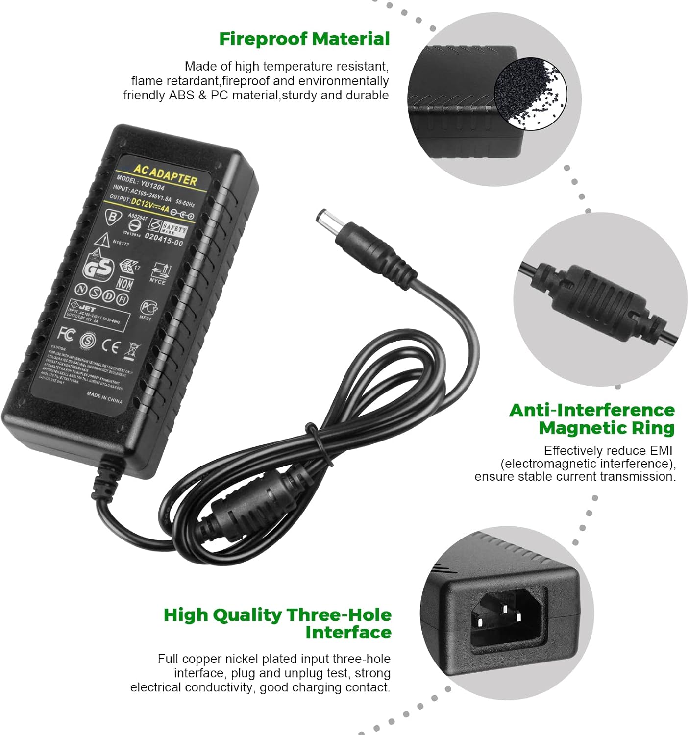 LeTaoXing 12V 4A Power Adapter for LED Strip Lights, CCTV Security System - AC 100-240V to DC 12V 4A 48W Charger