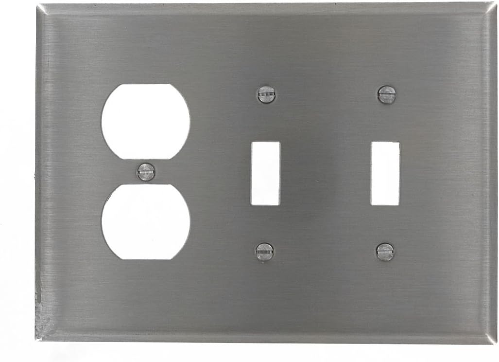 Leviton 84121-40 Weatherproof Stainless Steel 3 Gang Wall Plate with 2 Toggle Switches and 1 Duplex Outlet