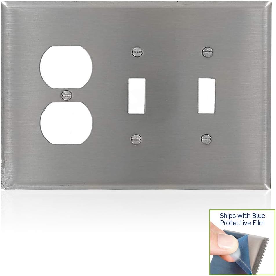 Leviton 84121-40 Weatherproof Stainless Steel 3 Gang Wall Plate with 2 Toggle Switches and 1 Duplex Outlet