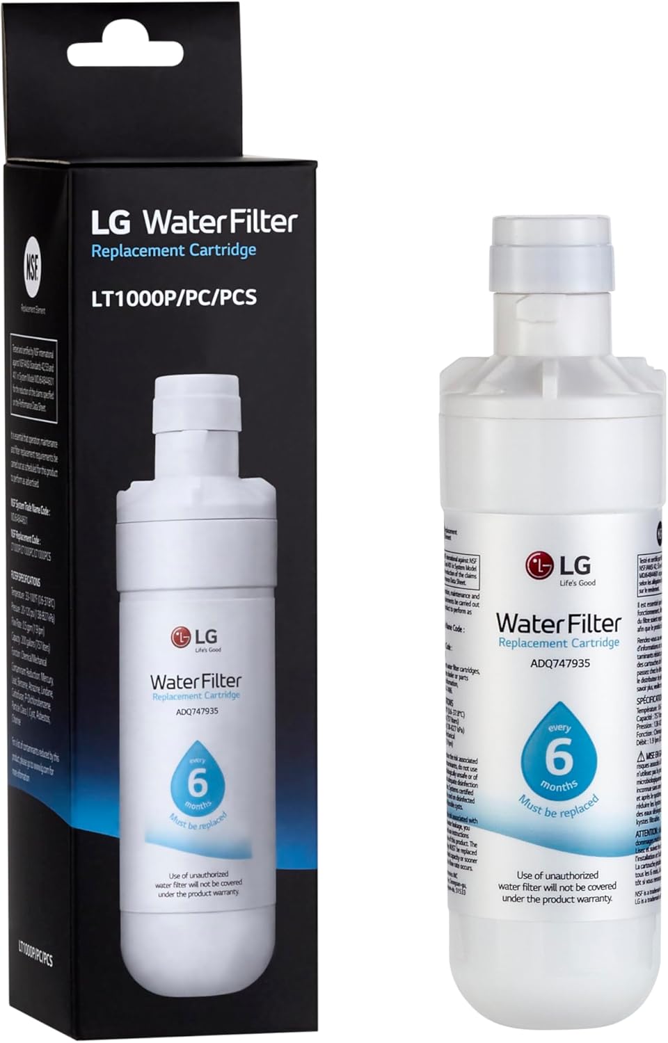 LG LT1000P Refrigerator Water Filter - 6 Month / 200 Gallon Capacity, NSF42, NSF53, NSF401 Certified - ADQ74793501, ADQ75795105, AGF80300704, AGF80300705 - White