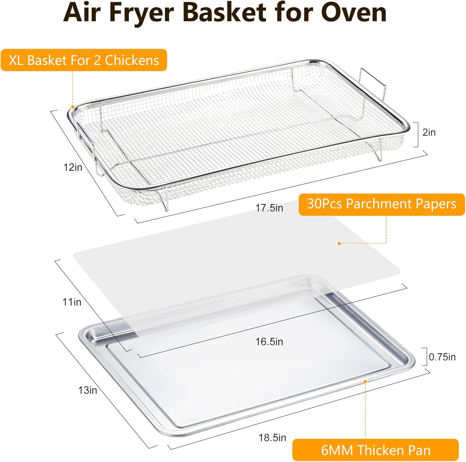 LGX Air Fryer Basket for Oven - Large Tray Set with 30 Parchment Papers - 18.5" x 12.8" - Ecookware