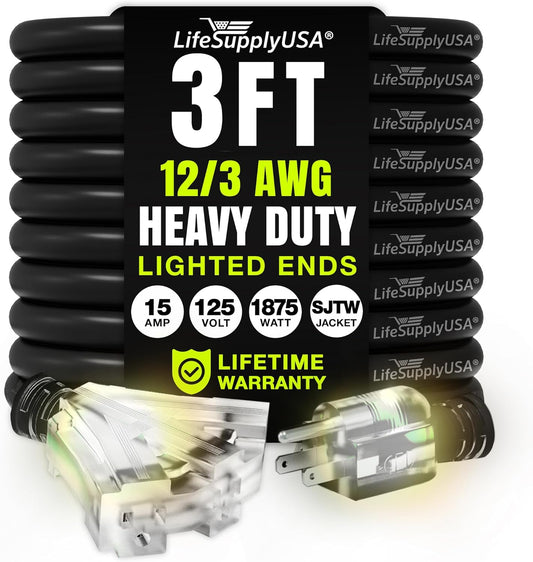 LifeSupplyUSA 3ft Waterproof Outdoor & Indoor Power Extension Cord - 3 Prong, 3-Outlet, SJTW, 12 Gauge, 15 AMP - 125V, 1875W, Black