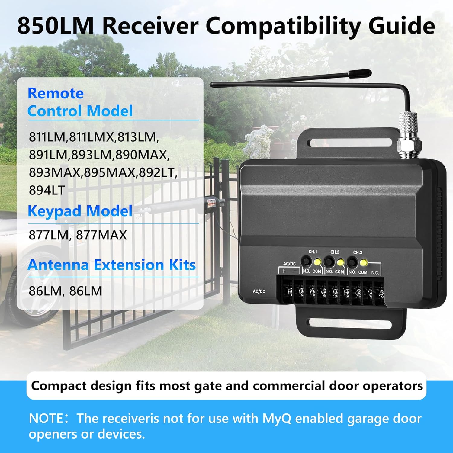 Liftmaster 850LM Receiver for Gate & Garage Door Openers - 3 Channel, Compatible with Most Operators for Gated Communities & Commercial Buildings