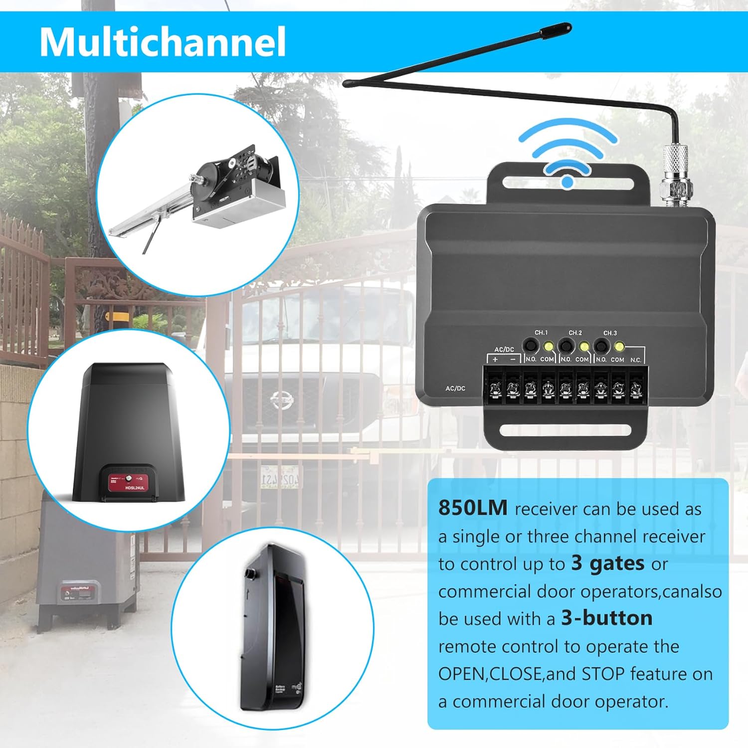 Liftmaster 850LM Receiver for Gate & Garage Door Openers - 3 Channel, Compatible with Most Operators for Gated Communities & Commercial Buildings