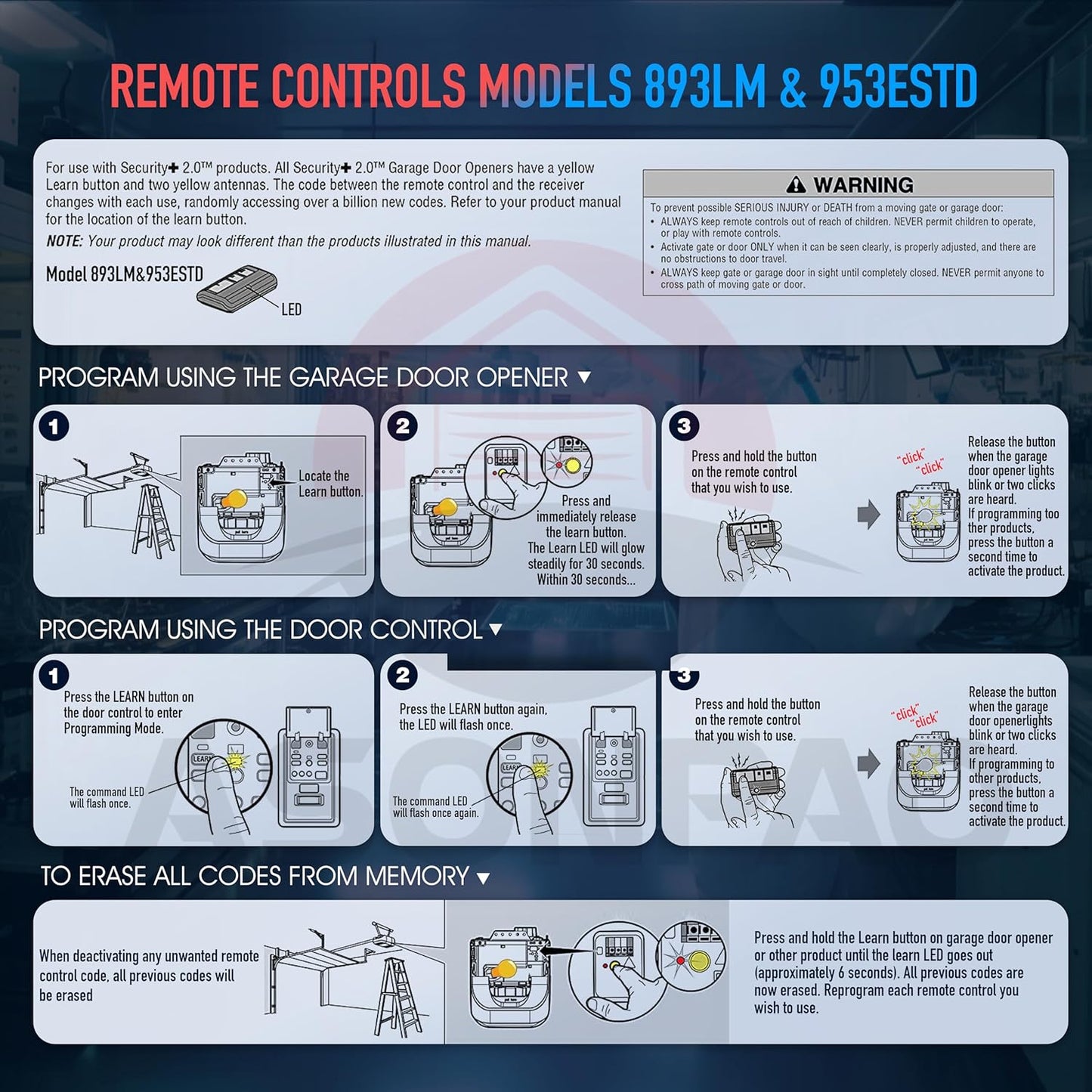 LiftMaster Chamberlain Garage Door Opener Remote with 893LM 953ESTD Yellow Learn Button, Security+ 2.0, myQ, Long-Lasting Lithium Battery, Ultra-Long Range, 3-Year Warranty