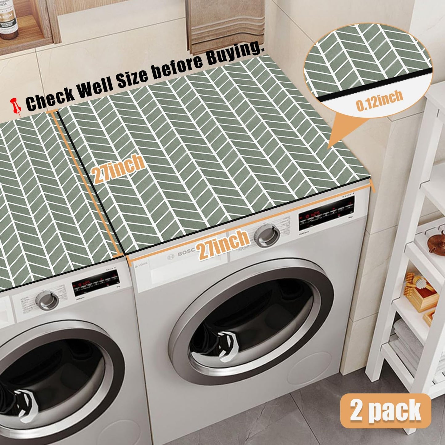 Light Green 27" x 27" Washer and Dryer Covers - Anti-Slip Top Protector Mat for Laundry Kitchen Home - Dust-Proof Rubber Mat